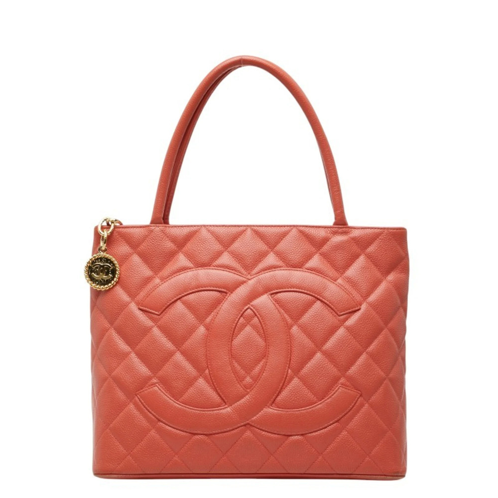 CHANEL Orange Caviar Leather Logo Tote Bag